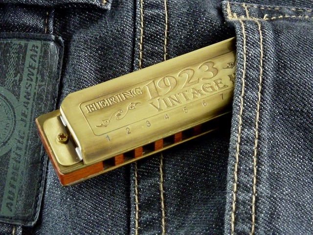Eine Mundharmonika ragt aus einer Jeanshose heraus.